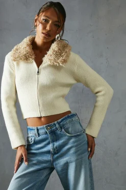 Knitted Rib  Teddy Fur Collar Long Sleeve Zip Up Jumper