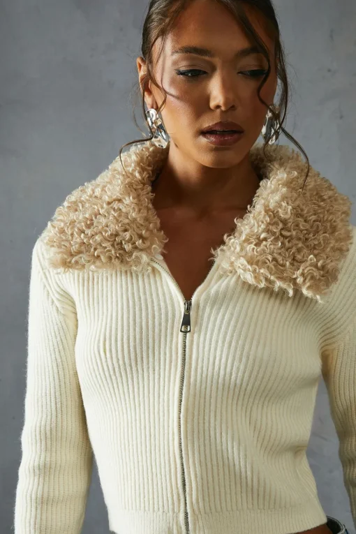 Knitted Rib  Teddy Fur Collar Long Sleeve Zip Up Jumper