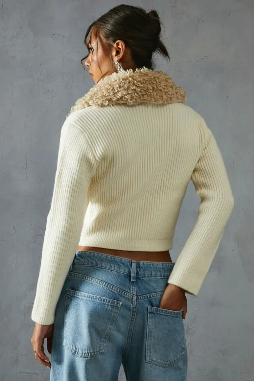 Knitted Rib  Teddy Fur Collar Long Sleeve Zip Up Jumper