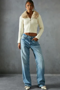 Knitted Rib  Teddy Fur Collar Long Sleeve Zip Up Jumper