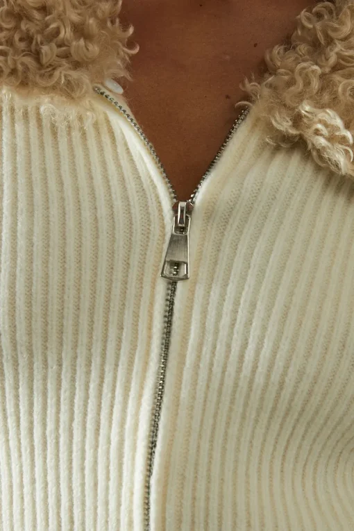 Knitted Rib  Teddy Fur Collar Long Sleeve Zip Up Jumper