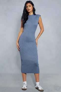 Knitted Ribbed Shoulder Pad Detail Maxi Dress