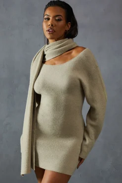 Knitted Slash Neck Scarf Detail Mini Dress