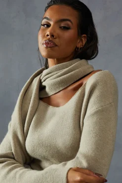 Knitted Slash Neck Scarf Detail Mini Dress