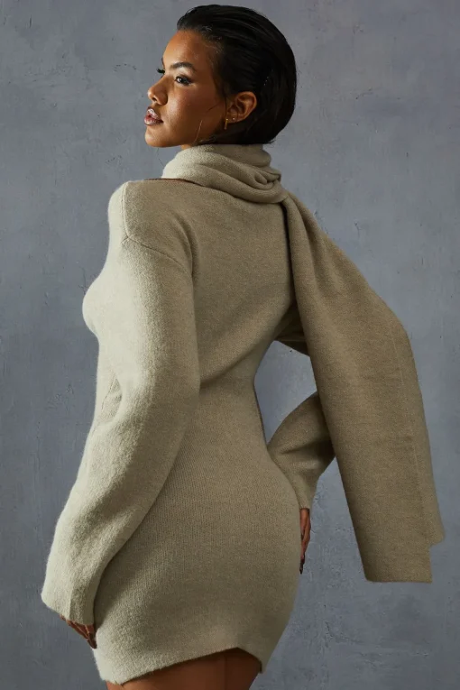 Knitted Slash Neck Scarf Detail Mini Dress