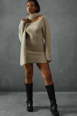 Knitted Slash Neck Scarf Detail Mini Dress