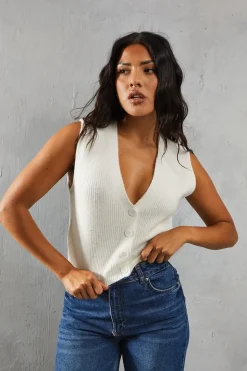Knitted Sleeveless Cropped Button Through Cardigan