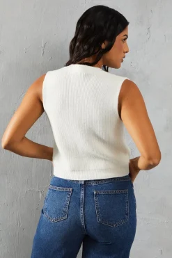 Knitted Sleeveless Cropped Button Through Cardigan