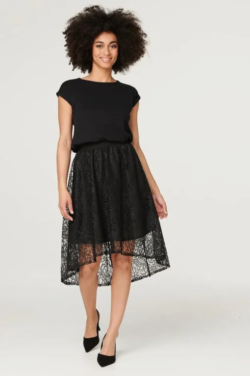 Lace Asymmetric Hem Midi Skirt