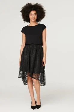 Lace Asymmetric Hem Midi Skirt