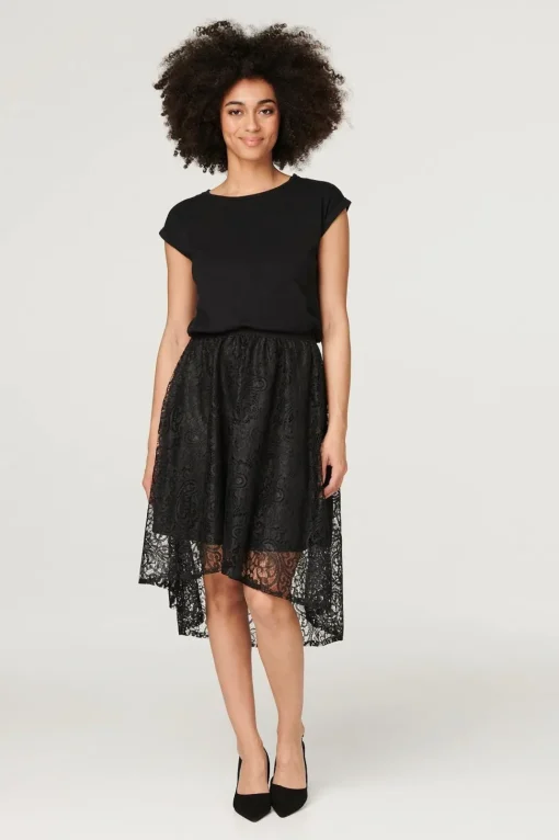 Lace Asymmetric Hem Midi Skirt