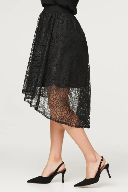 Lace Asymmetric Hem Midi Skirt