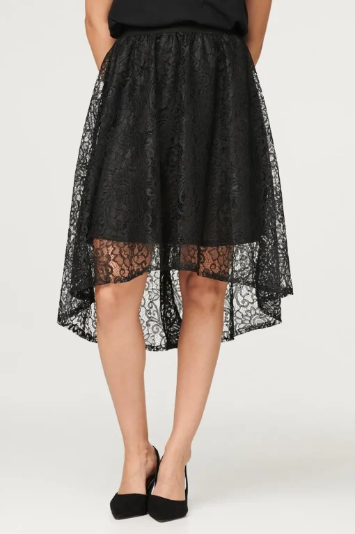 Lace Asymmetric Hem Midi Skirt