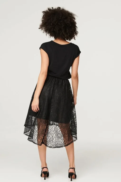 Lace Asymmetric Hem Midi Skirt