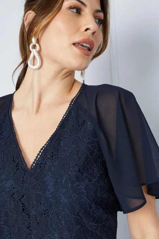 Lace Bodice Angel Sleeve Ruffle Hem Midi Dress