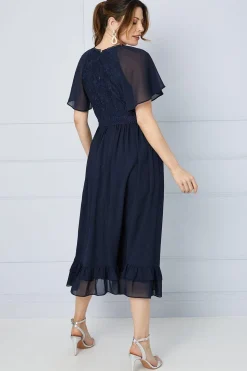 Lace Bodice Angel Sleeve Ruffle Hem Midi Dress