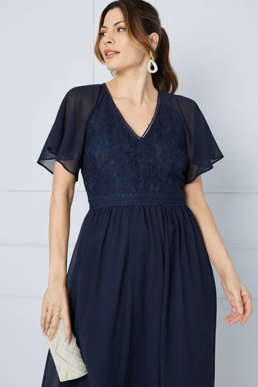 Lace Bodice Angel Sleeve Ruffle Hem Midi Dress