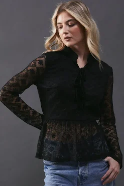 Lace Contrast Tie Front Blouse