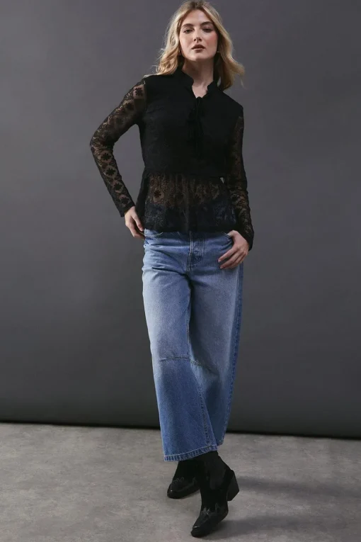 Lace Contrast Tie Front Blouse