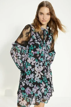 Lace Detailed Floral Ruffle Tie Neck Skater Dress