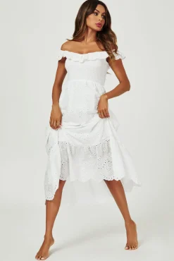 Lace Embroidery Bardot Maxi Dress In White