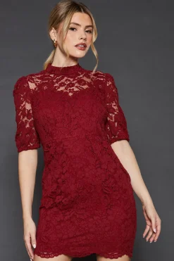 Lace High Neck Short Sleeve Mini Dress