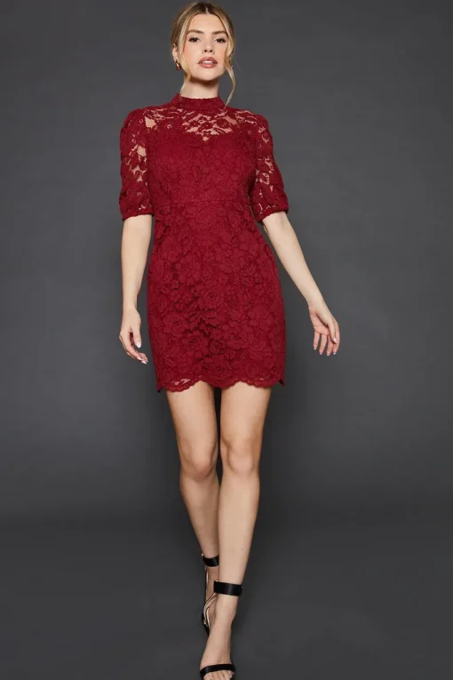 Lace High Neck Short Sleeve Mini Dress