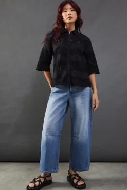 Lace Mix Scallop Hem Crop Shirt
