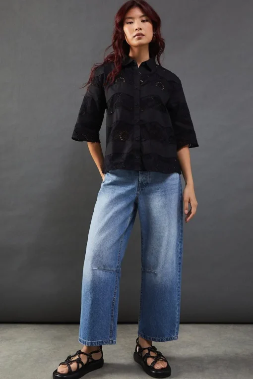Lace Mix Scallop Hem Crop Shirt