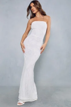 Lace Overlay Mesh Fitted Flare Hem Bandeau Maxi Dress