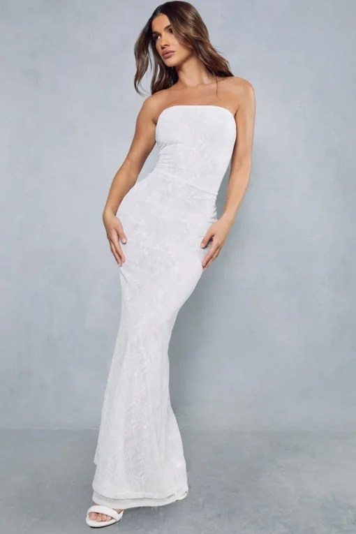 Lace Overlay Mesh Fitted Flare Hem Bandeau Maxi Dress
