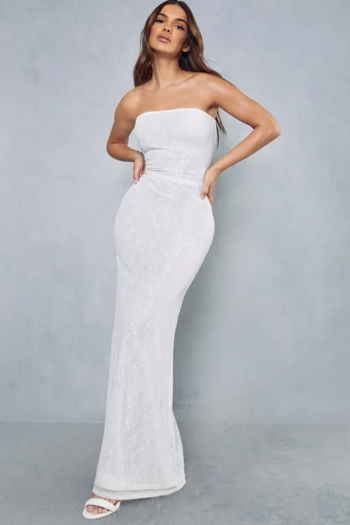 Lace Overlay Mesh Fitted Flare Hem Bandeau Maxi Dress