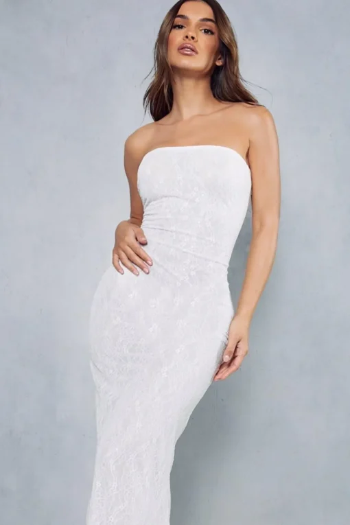 Lace Overlay Mesh Fitted Flare Hem Bandeau Maxi Dress