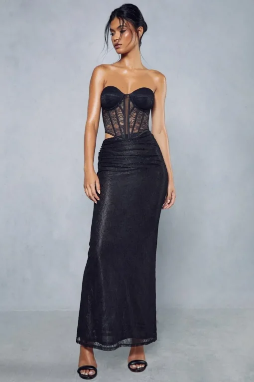Lace Ruched Side Maxi Skirt