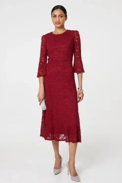 Lace Semi Sheer 3/4 Flute Sleeve Midi Dress