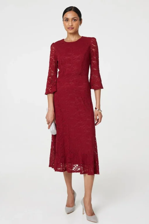 Lace Semi Sheer 3/4 Flute Sleeve Midi Dress