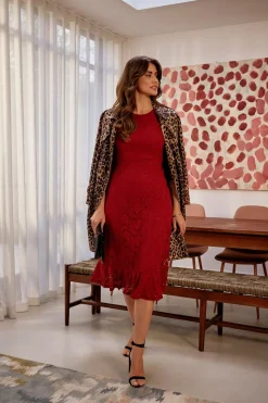 Lace Semi Sheer 3/4 Flute Sleeve Midi Dress