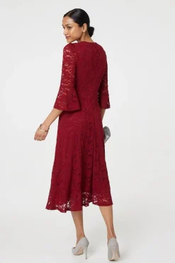 Lace Semi Sheer 3/4 Flute Sleeve Midi Dress