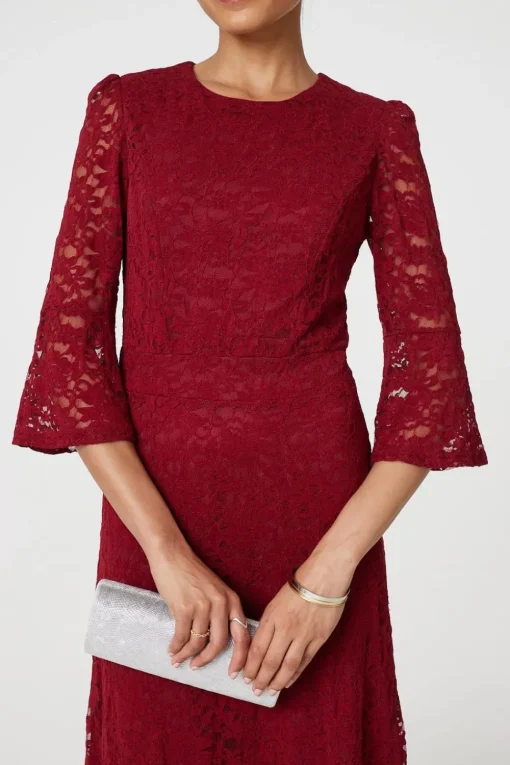 Lace Semi Sheer 3/4 Flute Sleeve Midi Dress