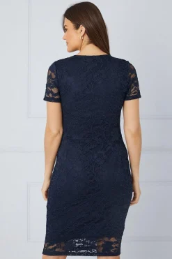 Lace Short Sleeve Notch Pencil Dress