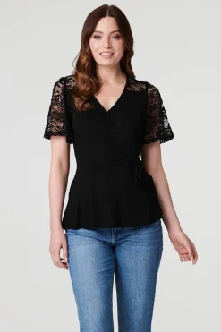 Lace Sleeve V-Neck Peplum Top