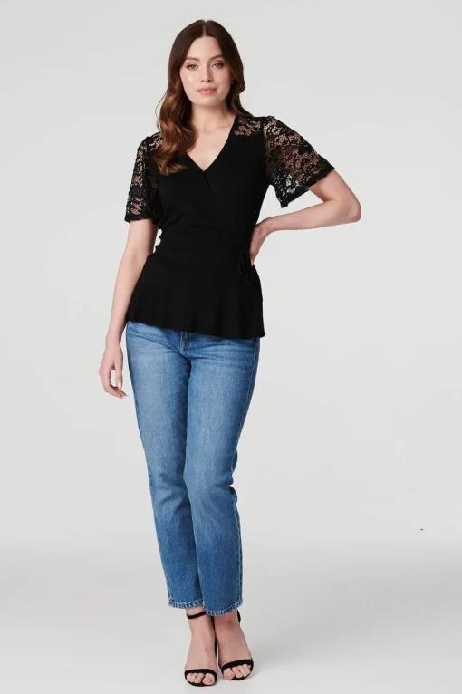 Lace Sleeve V-Neck Peplum Top