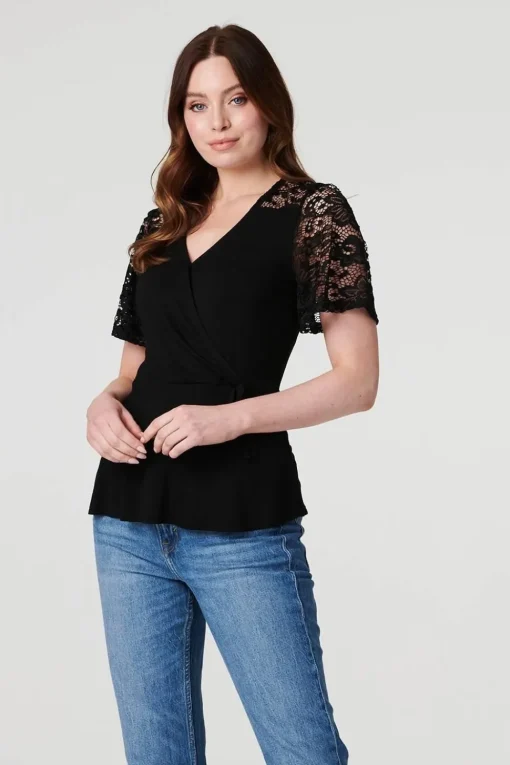 Lace Sleeve V-Neck Peplum Top