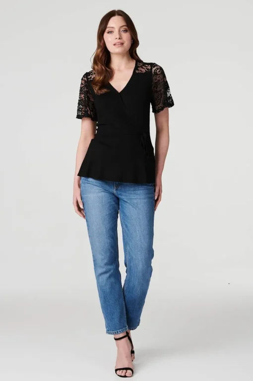 Lace Sleeve V-Neck Peplum Top