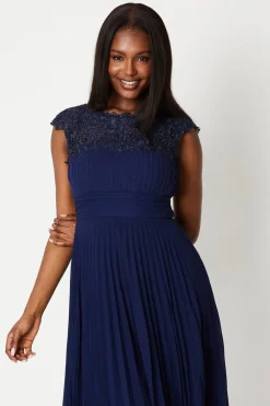 Lace Top Pleated Skirt Midi Dress
