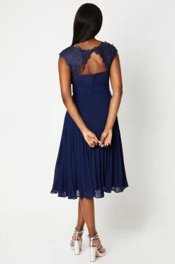 Lace Top Pleated Skirt Midi Dress