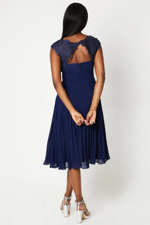 Lace Top Pleated Skirt Midi Dress