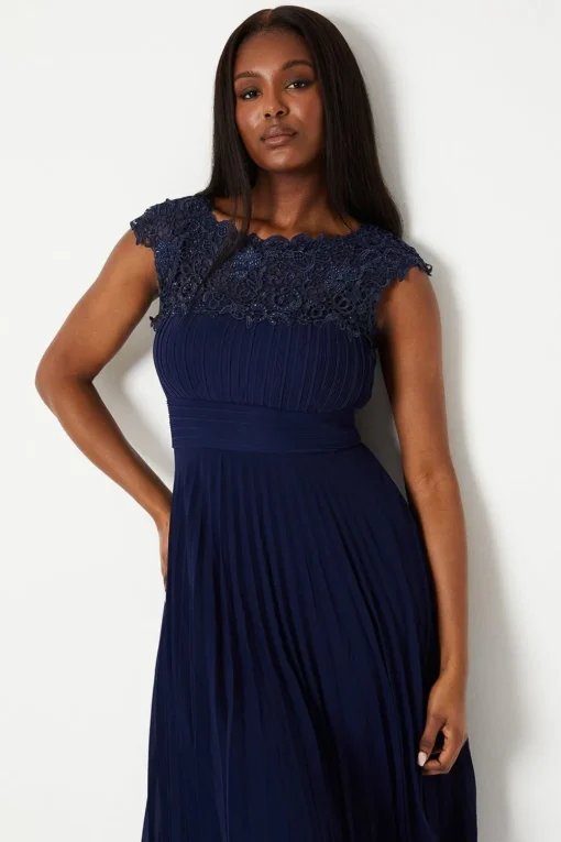 Lace Top Pleated Skirt Midi Dress