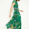 Lace Trim High Neck Chiffon Floral Midi Dress
