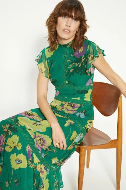 Lace Trim High Neck Chiffon Floral Midi Dress
